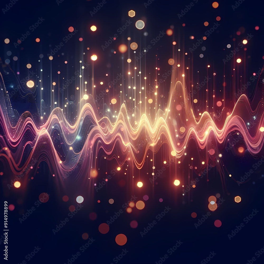 Abstract Digital Artwork of Symmetrical Audio Waves and Vibrant Light Particles with Spherical Patterns and Neon Illumination Abstract Digital Artwork of Symmetrical Audio Waves and Vibrant Light Particles with Spherical Patterns and Neon Illumination