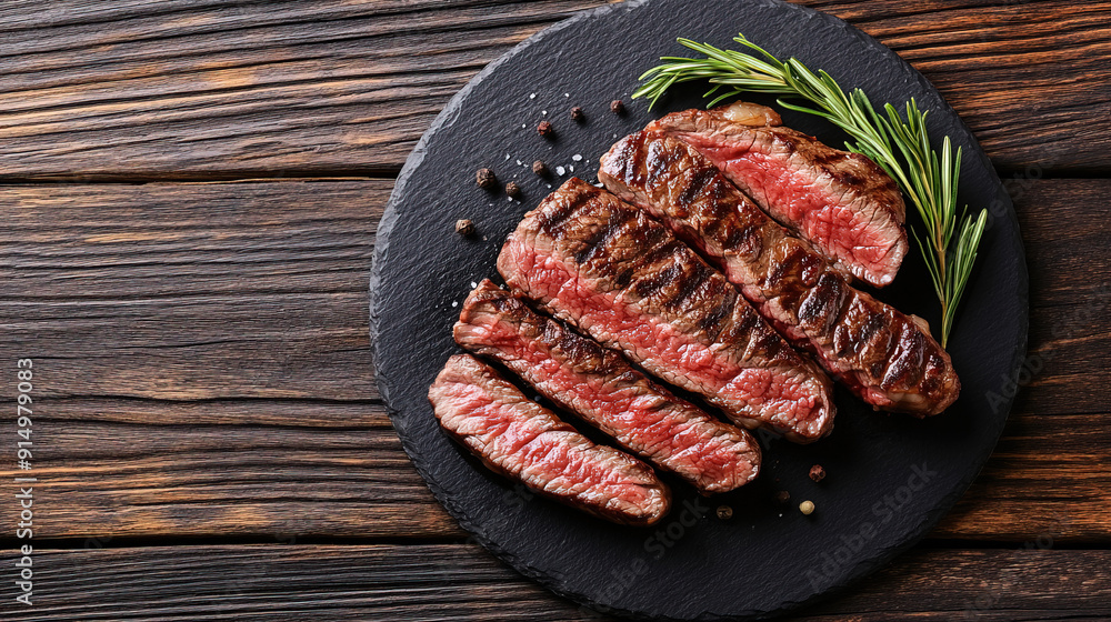 Delicious piece of beef with spices. Sliced beef steak with rosemary and salt on a wooden board. Juicy steak with a golden-brown crust. Sliced medium rare beef steak. Sliced roast beef. Grilled Steak Delicious piece of beef with spices. Sliced beef steak with rosemary and salt on a wooden board. Juicy steak with a golden-brown crust. Sliced medium rare beef steak. Sliced roast beef. Grilled Steak