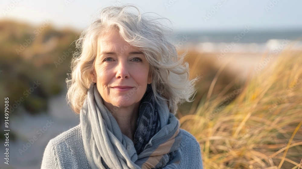 Serene Mature Woman Enjoying Autumn Lakeside View Serene Mature Woman Enjoying Autumn Lakeside View