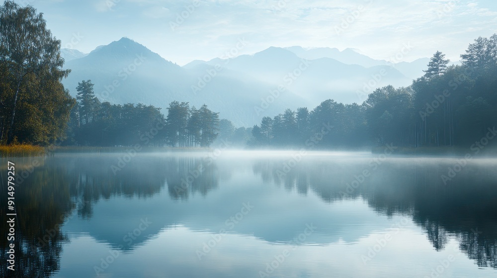 A serene lake with reflections of mountains and trees, early morning mist A serene lake with reflections of mountains and trees, early morning mist