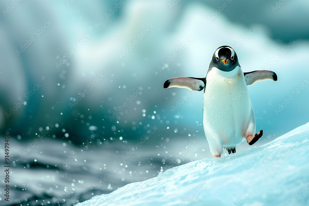 Fototapeta premium Cute penguin on an iceberg at snow storm. Generative AI