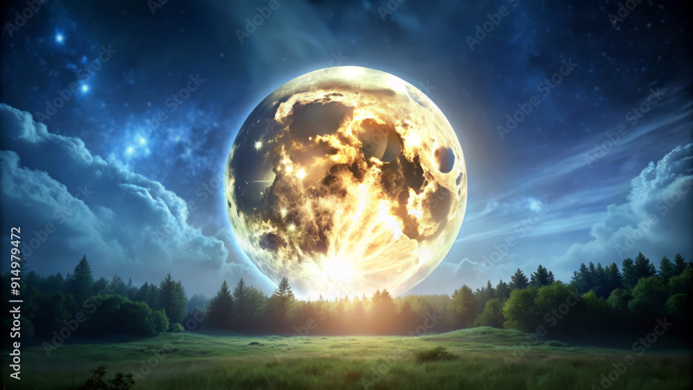 Giant Moon Over Forest Meadow. Giant Moon Over Forest Meadow.
