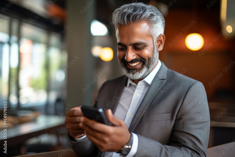 Smiling mature hindu man with gray hair and beard using a smartphone in a modern office setting Smiling mature hindu man with gray hair and beard using a smartphone in a modern office setting