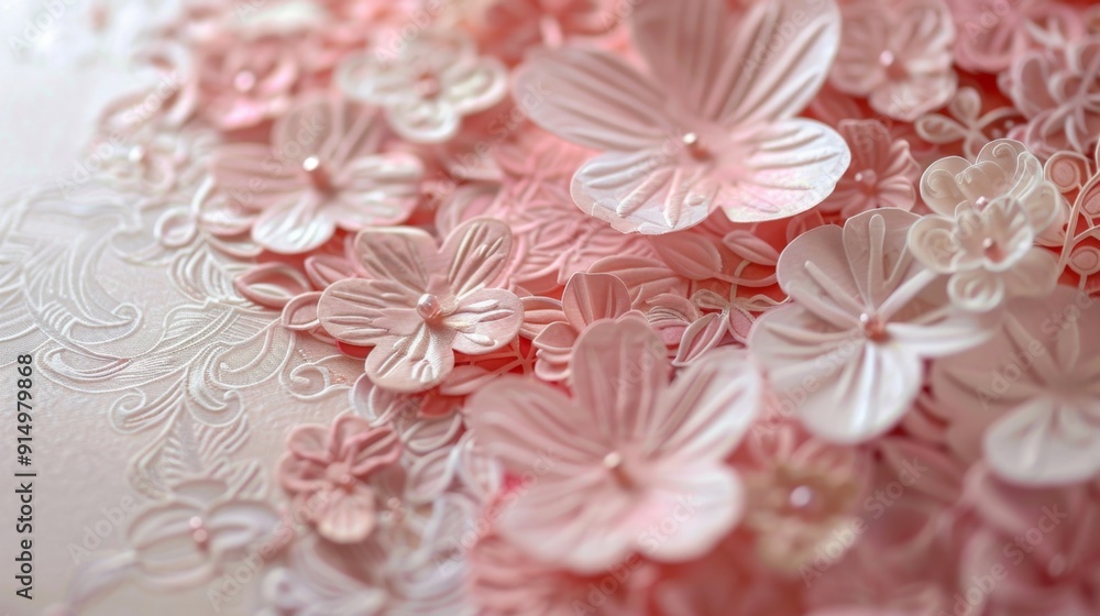 Pink embossed paper flowers with intricate details. Pink embossed paper flowers with intricate details.