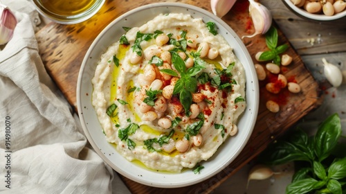 Hearty White Bean Stew with Herbs in Rustic Bowl