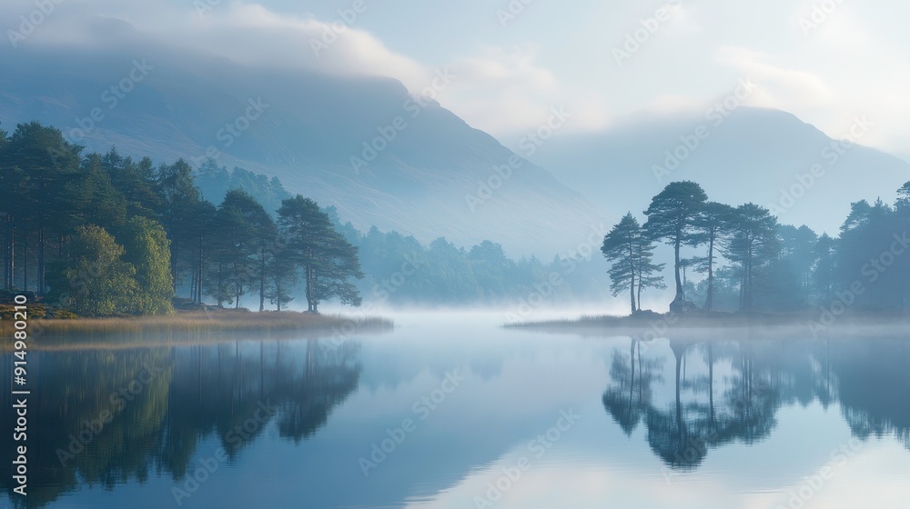 Fototapeta premium A serene lake with reflections of mountains and trees, early morning mist