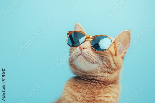 loseup portrait of funny ginger cat wearing sunglasses isolated on light cyan. Copyspace. ai