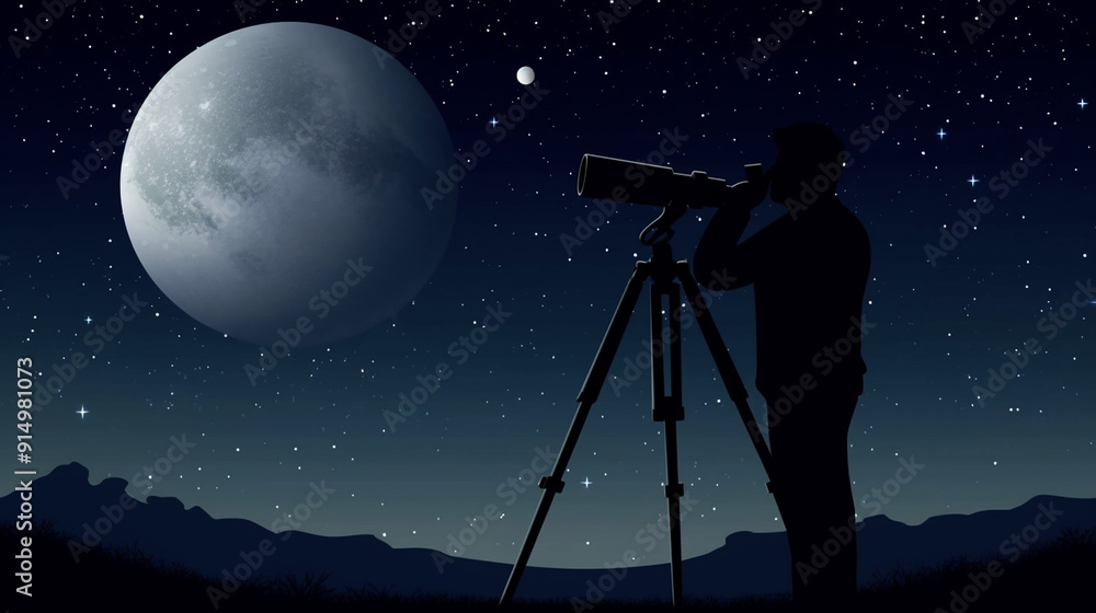 Modern telescope on a tripod directed at stars in the sky for space exploration. Observation of craters on the moon, comet, milky way, stars and far planets. Cartoon style vector illustration. Modern telescope on a tripod directed at stars in the sky for space exploration. Observation of craters on the moon, comet, milky way, stars and far planets. Cartoon style vector illustration.