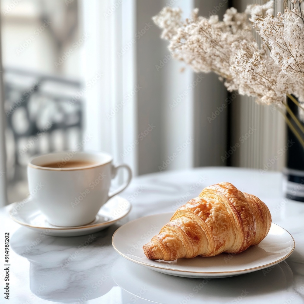 Cozy Breakfast Setup with Croissants and Coffee on a Marble Table: Soft Morning Light and Fresh Flowers Create a Warm and Inviting Ambiance Cozy Breakfast Setup with Croissants and Coffee on a Marble Table: Soft Morning Light and Fresh Flowers Create a Warm and Inviting Ambiance