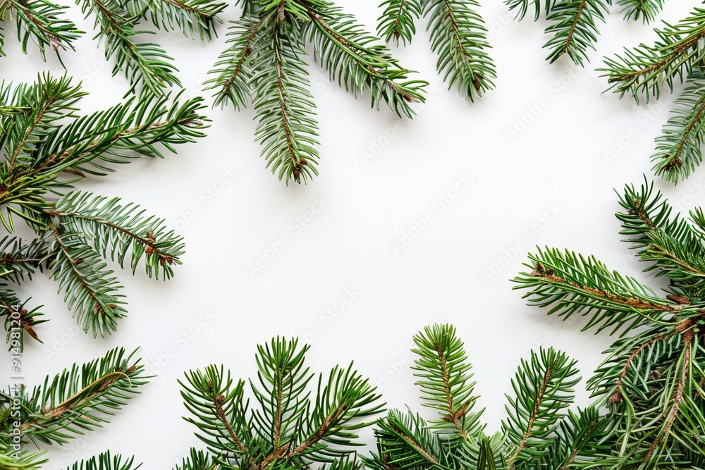 Christmas frame composition with fir branches on white background. Flat lay, top view Christmas frame composition with fir branches on white background. Flat lay, top view