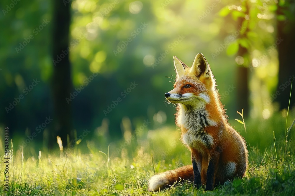 Obraz premium Red Fox hunting, Vulpes vulpes, wildlife scene from Europe. Orange fur coat animal in the nature habitat. Fox on the green forest meadow, ai