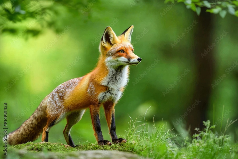 Fototapeta premium Red Fox hunting, Vulpes vulpes, wildlife scene from Europe. Orange fur coat animal in the nature habitat. Fox on the green forest meadow, ai