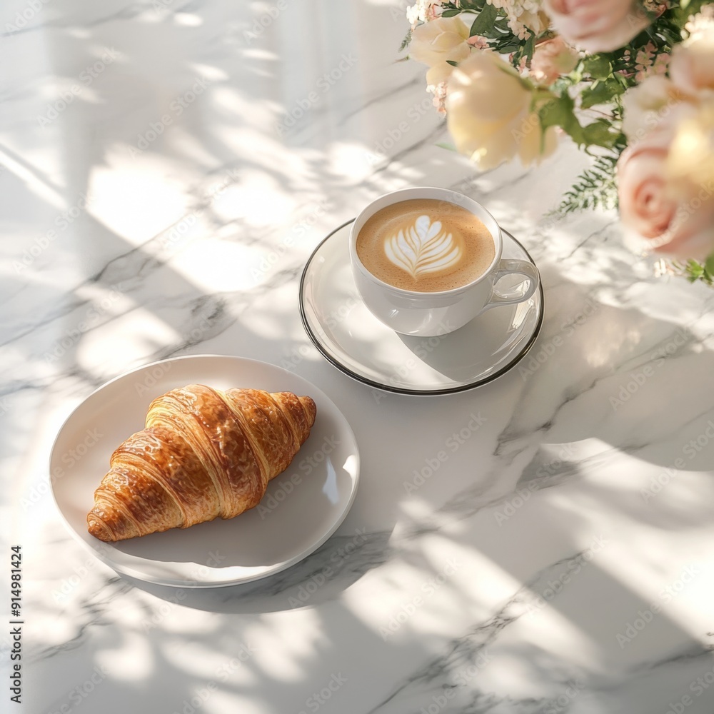 Cozy Breakfast Setup with Croissants and Coffee on a Marble Table: Soft Morning Light and Fresh Flowers Create a Warm and Inviting Ambiance Cozy Breakfast Setup with Croissants and Coffee on a Marble Table: Soft Morning Light and Fresh Flowers Create a Warm and Inviting Ambiance