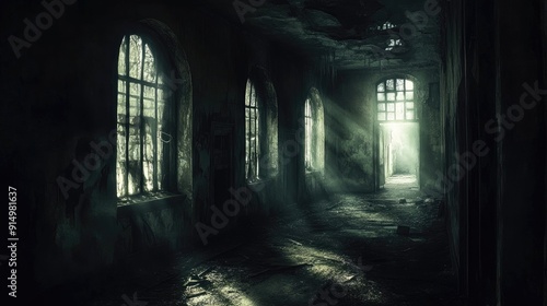 Gloomy, abandoned street with eerie glowing windows