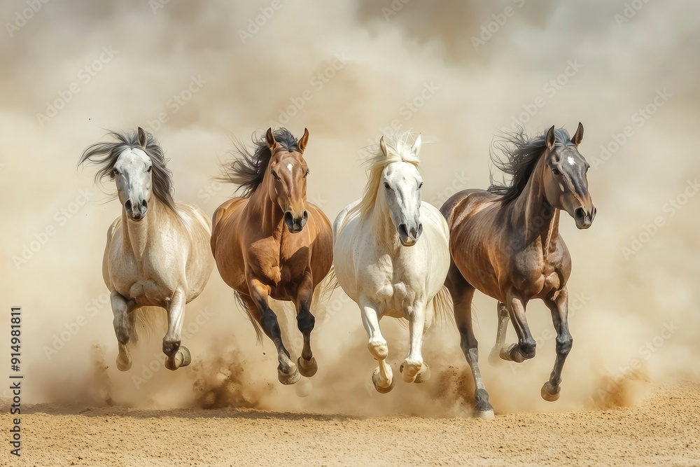 Horses with long mane portrait run gallop in desert dust, ai Horses with long mane portrait run gallop in desert dust, ai