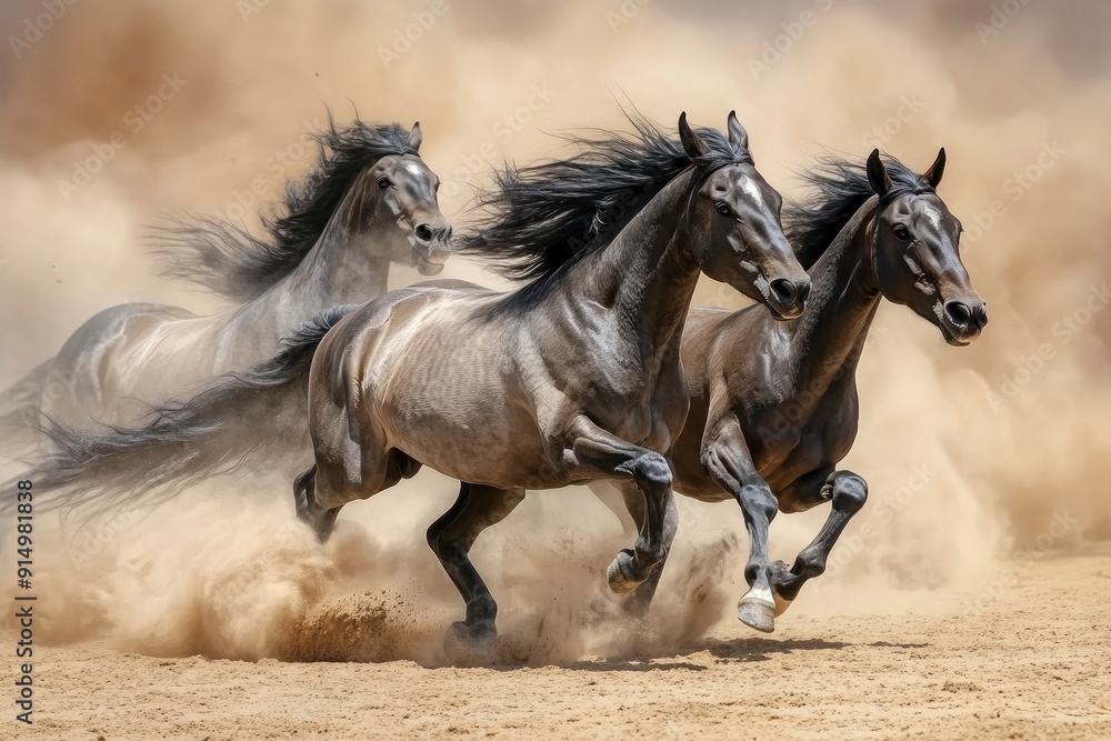 Horses with long mane portrait run gallop in desert dust, ai Horses with long mane portrait run gallop in desert dust, ai