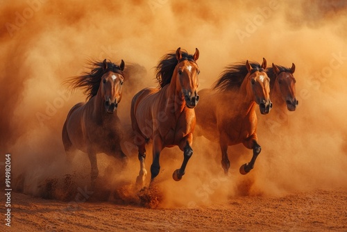 Horses with long mane portrait run gallop in desert dust, ai