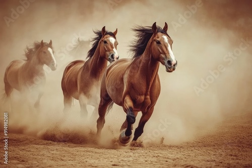 Horses with long mane portrait run gallop in desert dust, ai