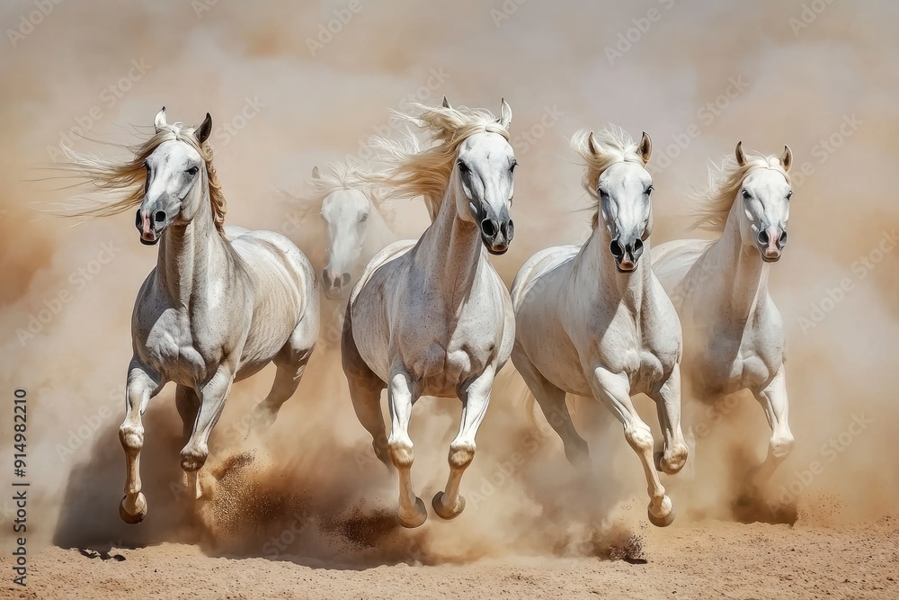 Obraz premium Horses with long mane portrait run gallop in desert dust, ai