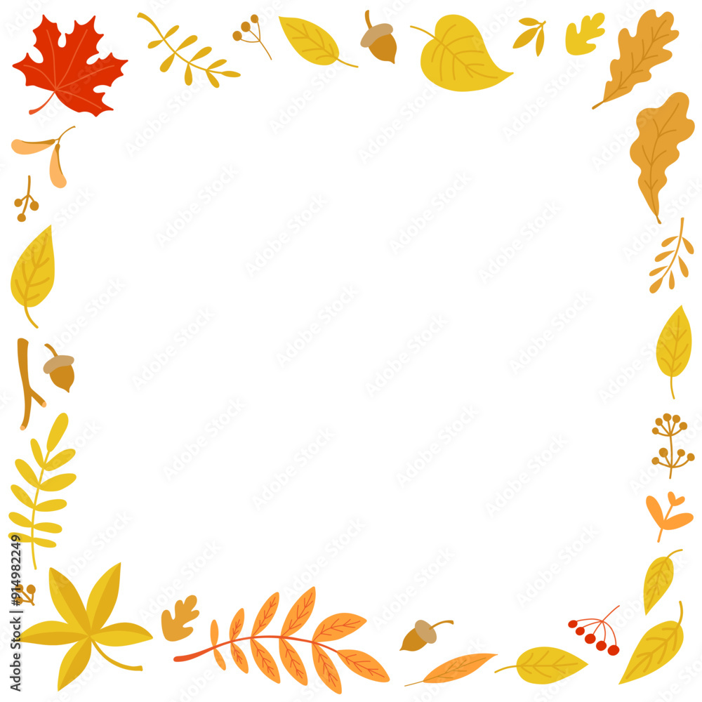 Autumn square thin frame with seasonal leaves and acorns. Flat color vector illustration isolated on white background. Autumn square thin frame with seasonal leaves and acorns. Flat color vector illustration isolated on white background.