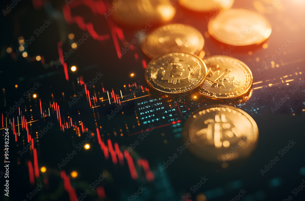 Stock Market Chart with Bitcoin Coins in the Foreground Stock Market Chart with Bitcoin Coins in the Foreground