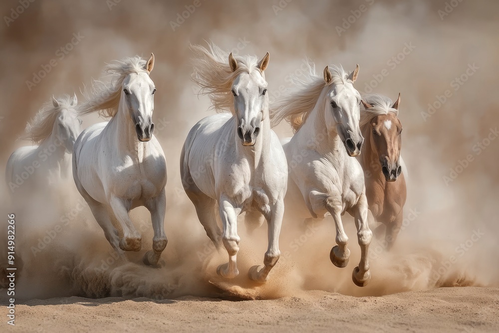 Obraz premium Horses with long mane portrait run gallop in desert dust, ai
