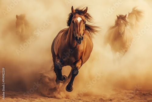 Horses with long mane portrait run gallop in desert dust, ai