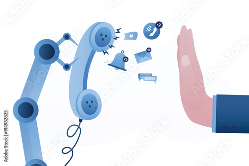 Robot arm holds vintage telephone and makes automated spam calls and sends out advertising messages. Human hand shows stop gesture, refusal or spam blocking.