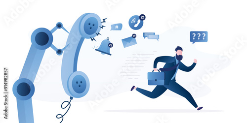 Frustrated male user runs away from large vintage telephone. Robot arm holds telephone and makes automated spam calls and sends out advertising messages.