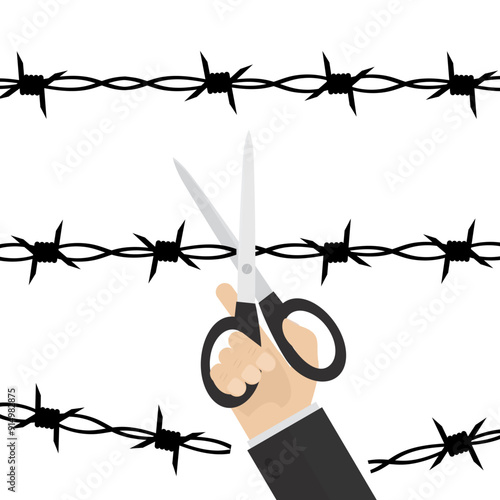 Businessman hand uses scissors and cuts barbed wire. Freedom from prohibitions, freedom of entrepreneurship and business. Financial independence. Removal of sanctions, bans