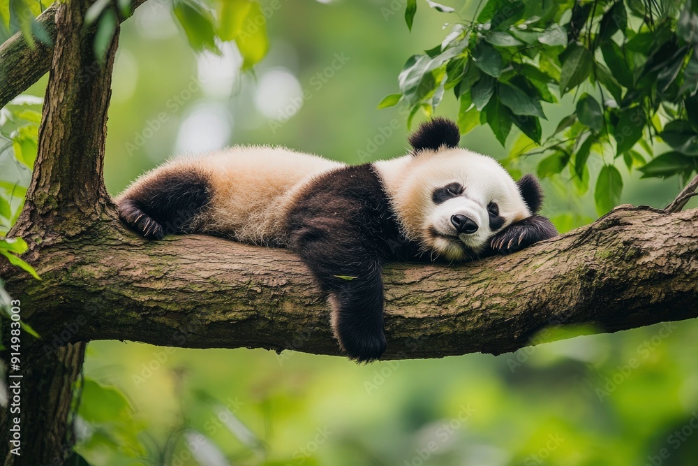 Fototapeta premium Lazy Panda Bear Sleeping on a Tree Branch, China Wildlife. Bifengxia nature reserve, Sichuan Province, ai