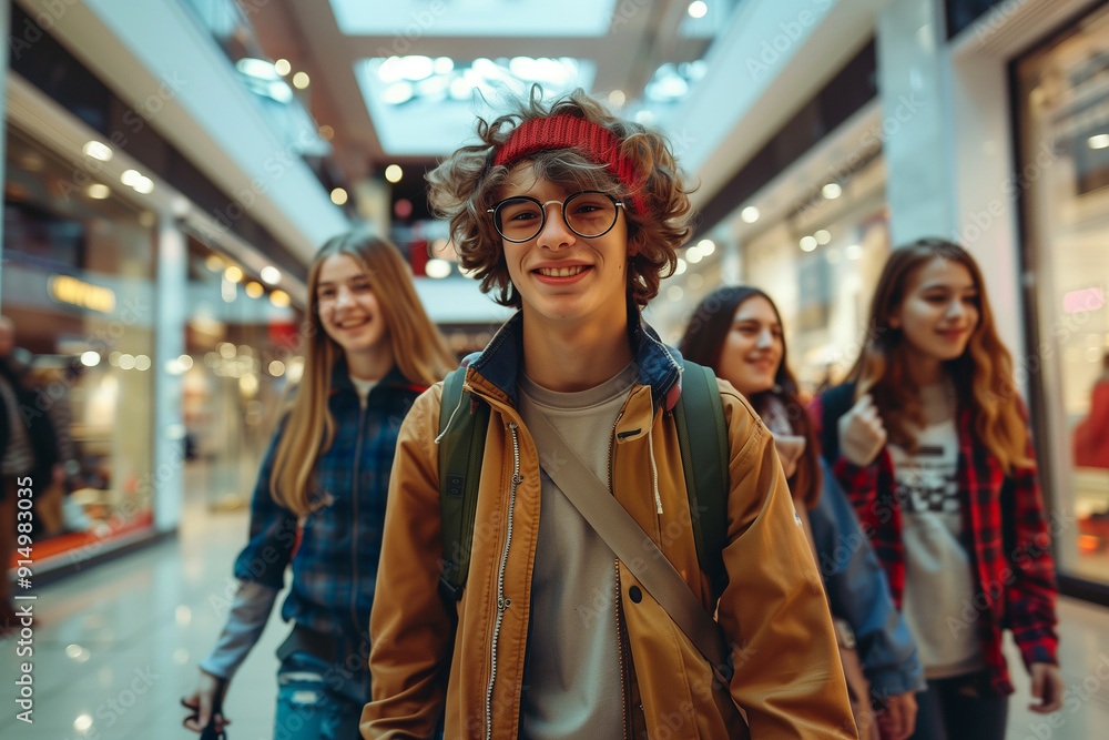 Group of teen friends in shopping mall. Generative AI Group of teen friends in shopping mall. Generative AI