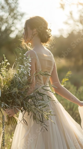 Wallpaper Mural A woman is walking in a field with a bouquet of flowers in her hand Torontodigital.ca