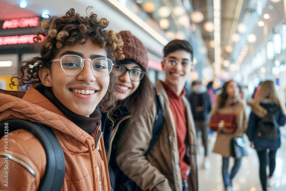 Teen friends in shopping mall. Generative AI