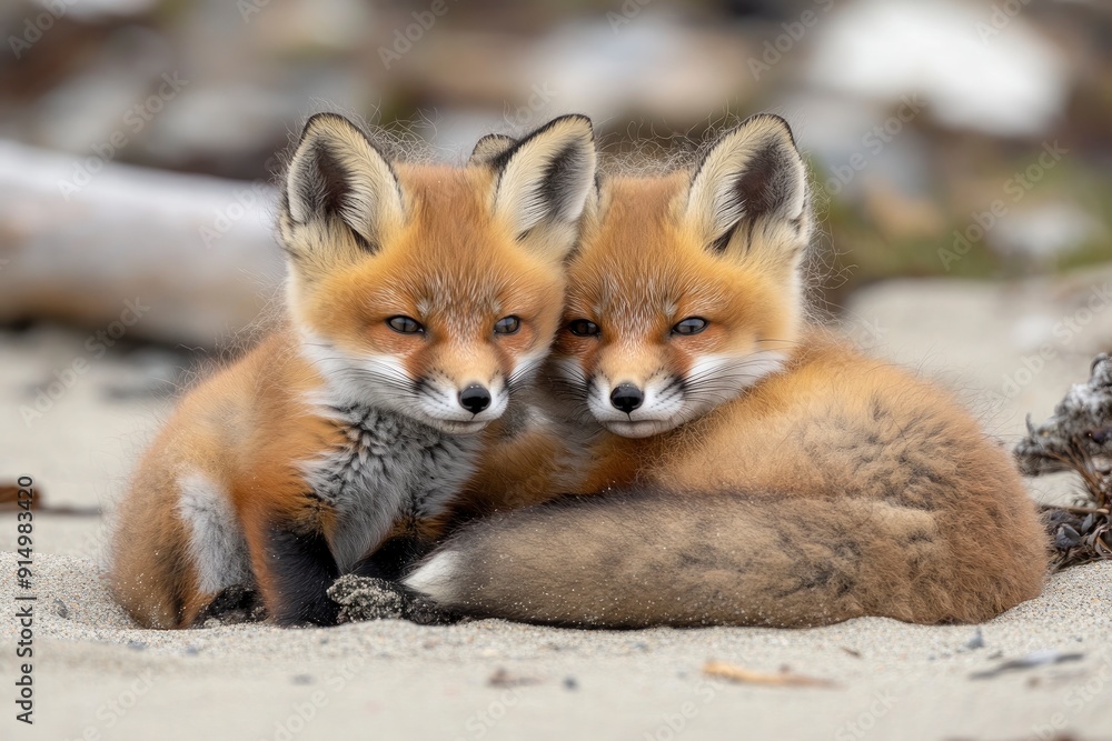 Wild baby red foxes cuddling at the beach, June 2020, Nova Scotia, Canada, ai Wild baby red foxes cuddling at the beach, June 2020, Nova Scotia, Canada, ai