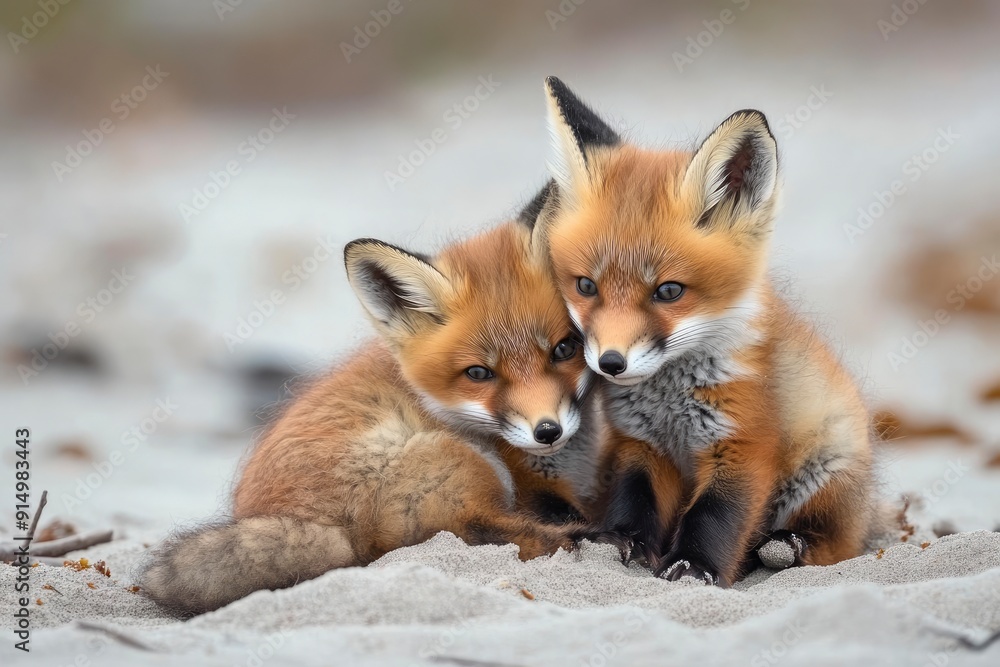 Wild baby red foxes cuddling at the beach, June 2020, Nova Scotia, Canada, ai Wild baby red foxes cuddling at the beach, June 2020, Nova Scotia, Canada, ai