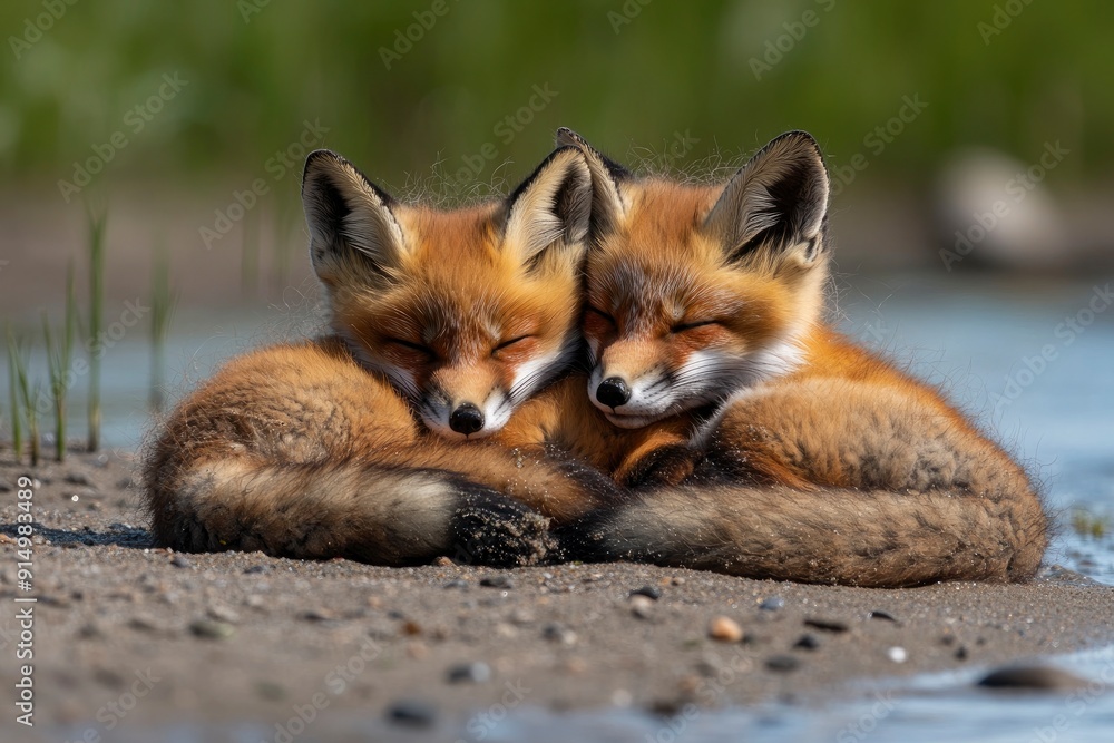 Naklejka premium Wild baby red foxes cuddling at the beach, June 2020, Nova Scotia, Canada, ai