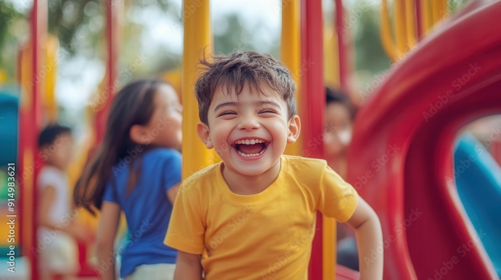A joyful child laughing on a playground, surrounded by colorful equipment and other kids A joyful child laughing on a playground, surrounded by colorful equipment and other kids