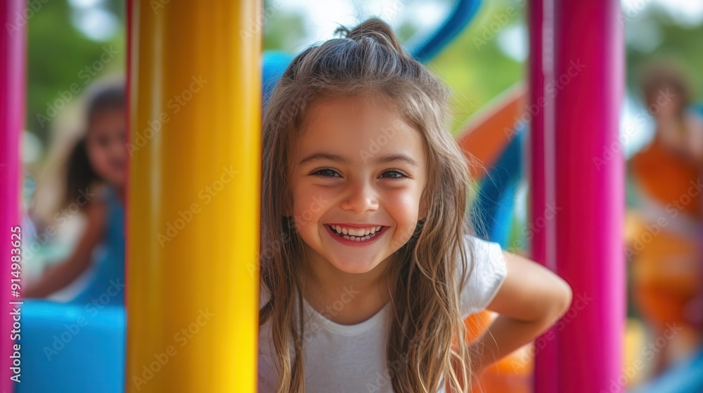 Children laughing and playing at a colorful playground, experiencing a joyous day Children laughing and playing at a colorful playground, experiencing a joyous day