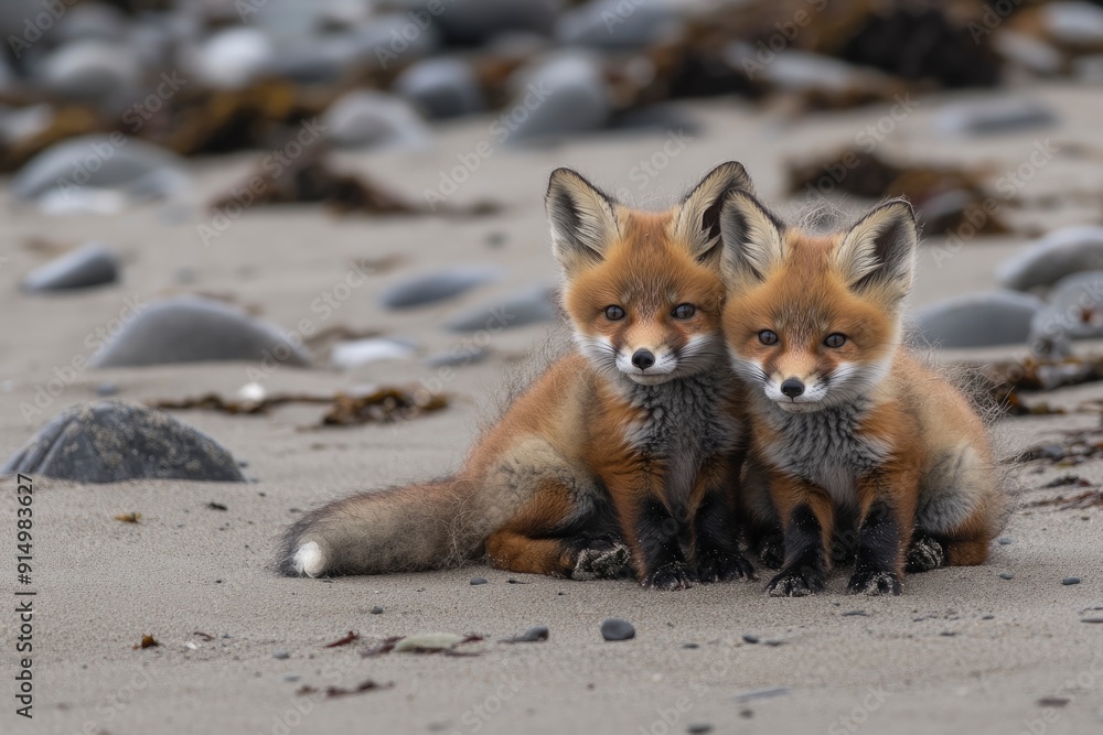 Wild baby red foxes cuddling at the beach, June 2020, Nova Scotia, Canada, ai Wild baby red foxes cuddling at the beach, June 2020, Nova Scotia, Canada, ai