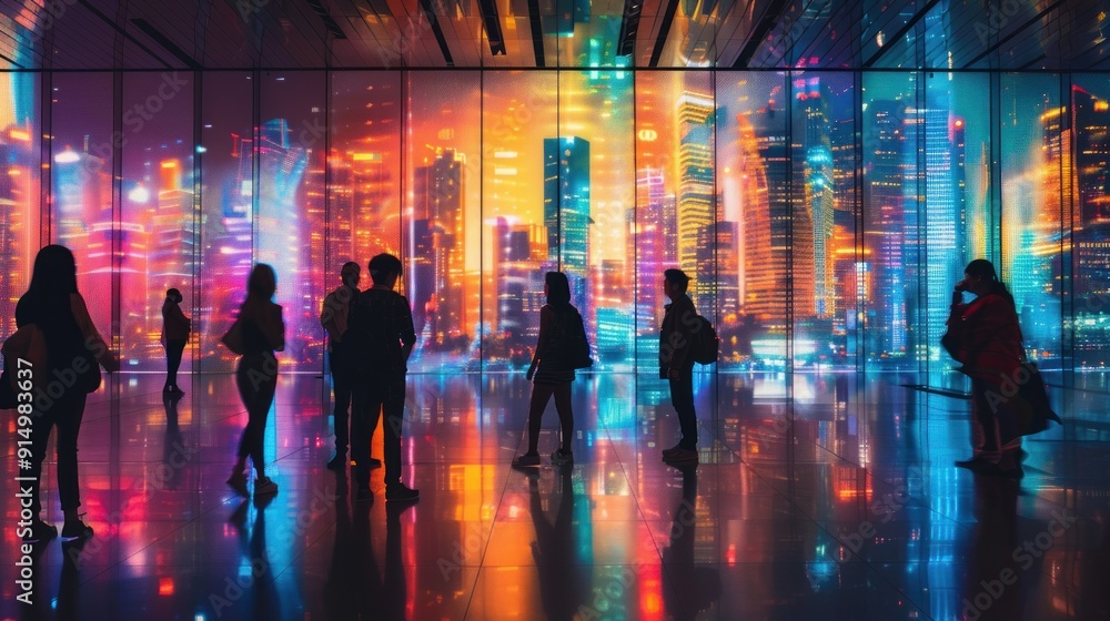 Obraz premium Silhouettes of People Admiring a Cityscape with Vivid Lights