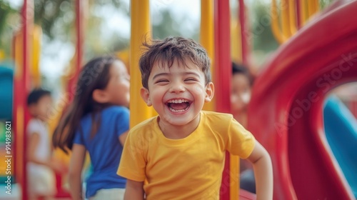 A joyful child laughing on a playground, surrounded by colorful equipment and other kids
