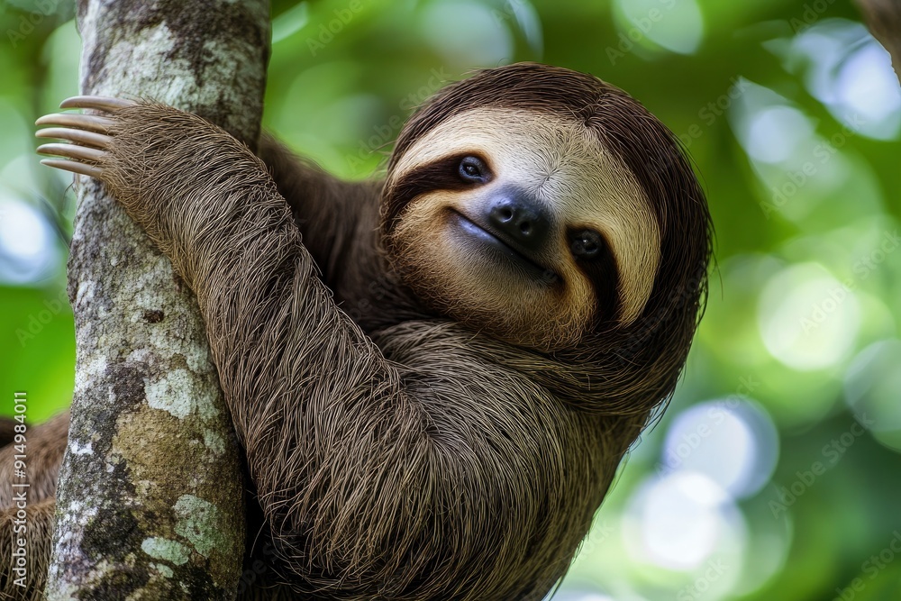 Fototapeta premium Funny sloth hanging on tree branch, cute face look, perfect portrait of wild animal in the Rainforest of Costa Rica scratching the belly, Bradypus variegatus, brown-throated three-toed sloth, ai