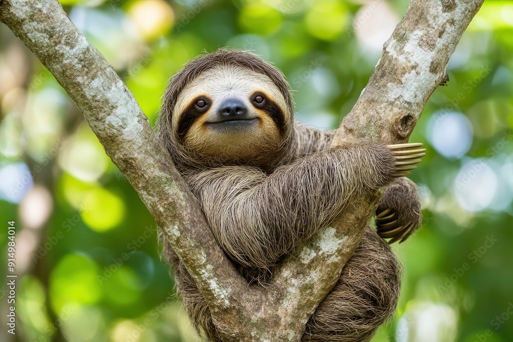 Fototapeta premium Funny sloth hanging on tree branch, cute face look, perfect portrait of wild animal in the Rainforest of Costa Rica scratching the belly, Bradypus variegatus, brown-throated three-toed sloth, ai
