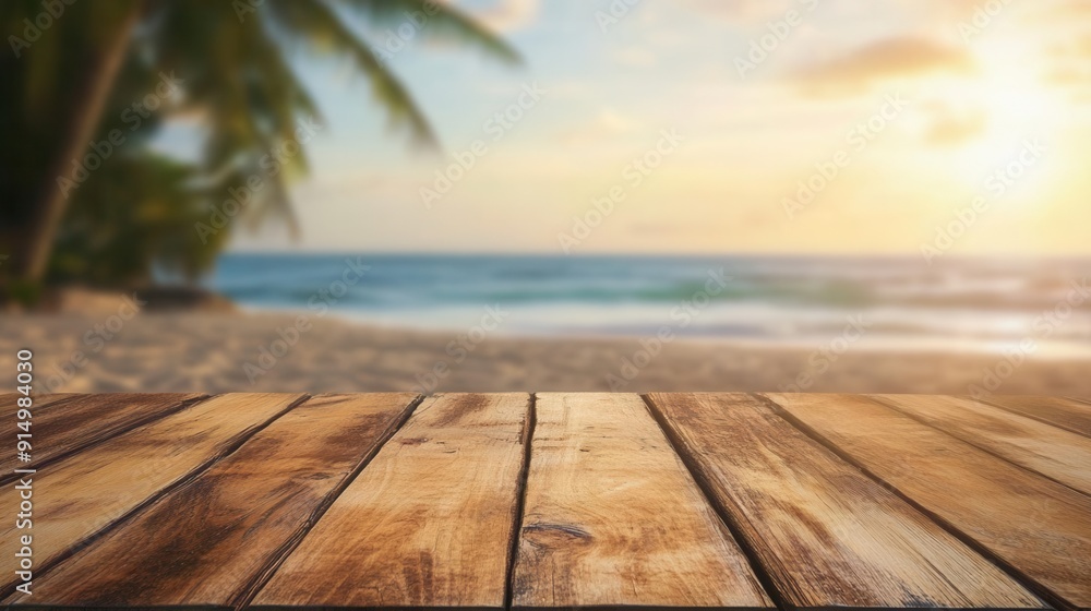 Wooden table with blurred seaside boardwalk, relaxing coastal vibe Wooden table with blurred seaside boardwalk, relaxing coastal vibe