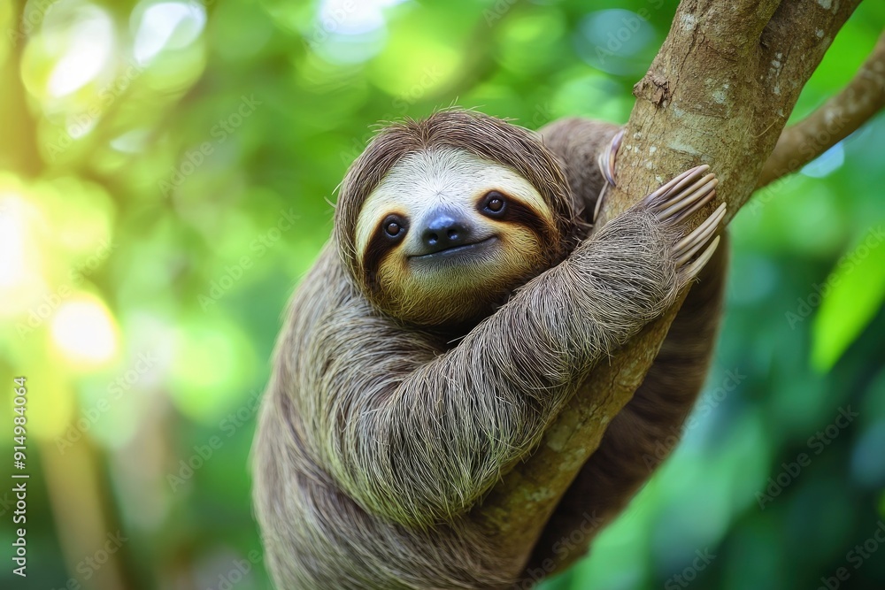 Fototapeta premium Funny sloth hanging on tree branch, cute face look, perfect portrait of wild animal in the Rainforest of Costa Rica scratching the belly, Bradypus variegatus, brown-throated three-toed sloth, ai