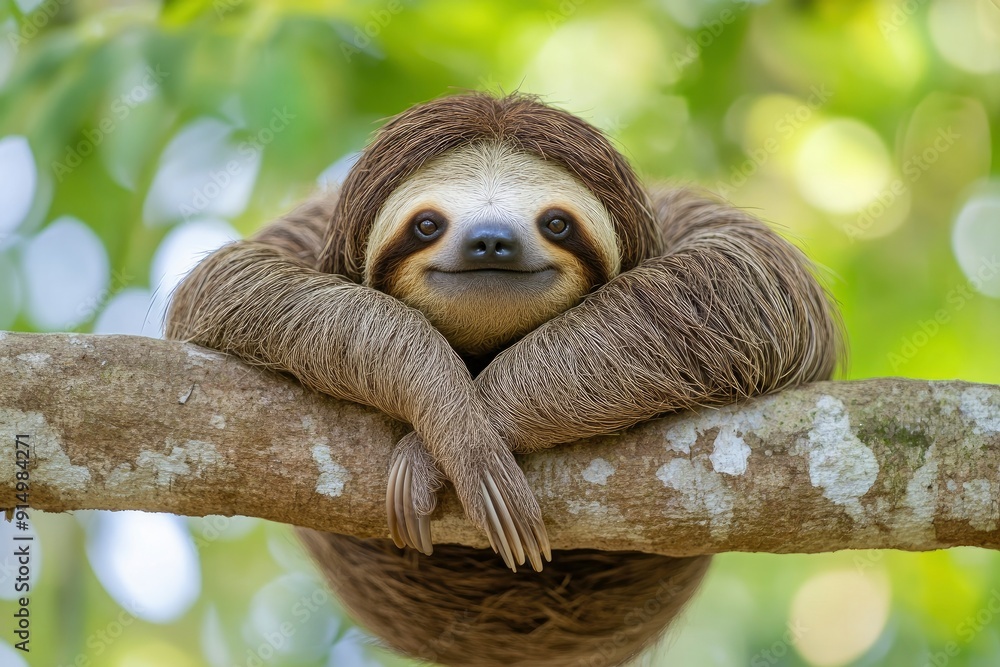 Fototapeta premium Funny sloth hanging on tree branch, cute face look, perfect portrait of wild animal in the Rainforest of Costa Rica scratching the belly, Bradypus variegatus, brown-throated three-toed sloth, ai