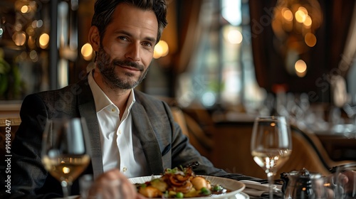 A dapper gentleman in a bespoke suit dining at a five-star restaurant, enjoying a glass of fine wine with a beautifully presented dish in front of him. The setting includes marble accents, photo