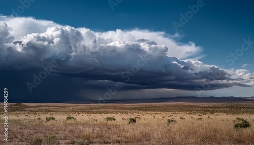 Expansive desert landscape under dramatic storm clouds showcasing varying shades of blue and gray contrasting with golden grasses