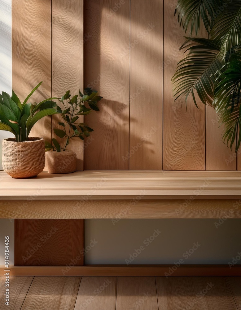 Modern wooden interior featuring potted plants creating a serene and minimalist atmosphere with natural light and soft shadows Modern wooden interior featuring potted plants creating a serene and minimalist atmosphere with natural light and soft shadows